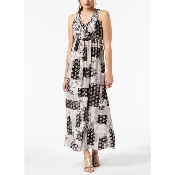 Style & Co. Dresses & Skirts - Style & Co Patchwork Paisley Maxi Dress Large Black Tan Stretch Boho